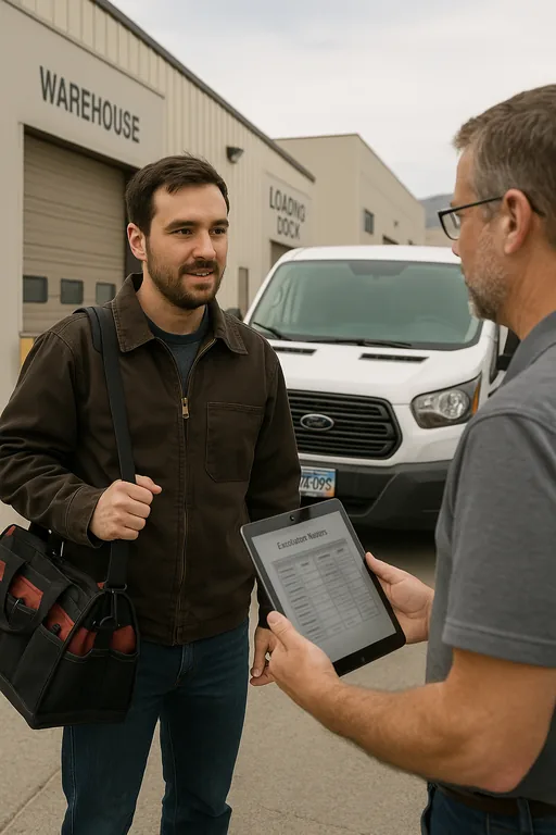 A Reno-based technician talks with a logistics operations coordinator at a Northern Nevada loading dock while holding a tablet with an escalation plan.