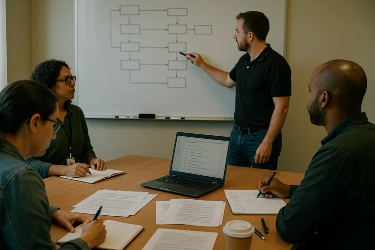 Technicians discussing a blurred flowchart on a whiteboard with printed runbooks and a checklist on the table, illustrating a readiness gap review in progress.