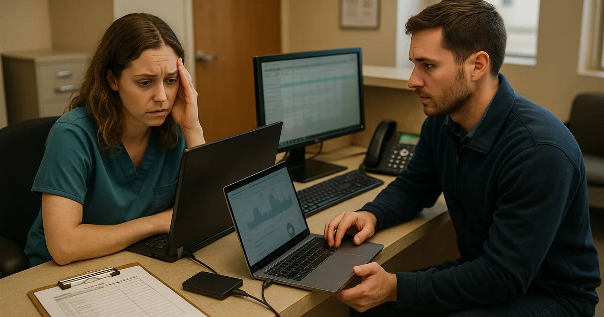 A front-desk outage scene that shows how vendor boundaries and unclear ownership manifest as real disruption in daily patient workflows.