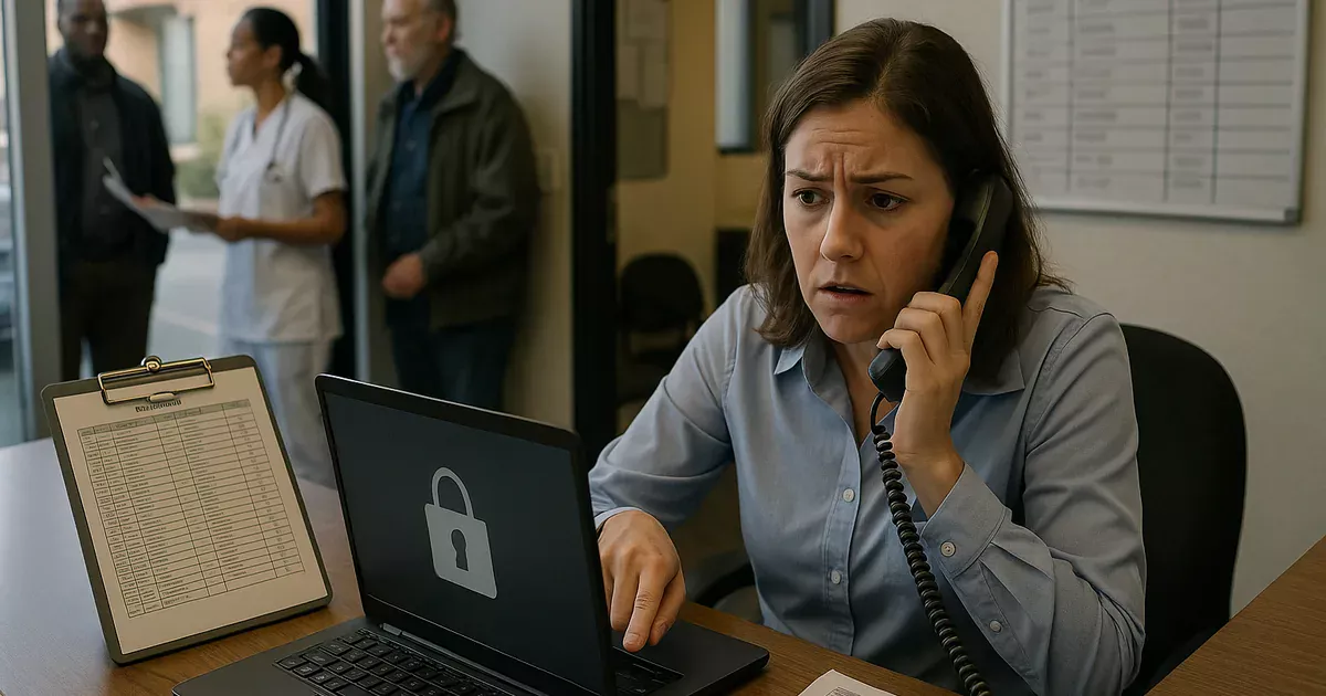 A front-desk lockout interrupts appointments and intake, showing how a single credential problem can halt clinic operations.