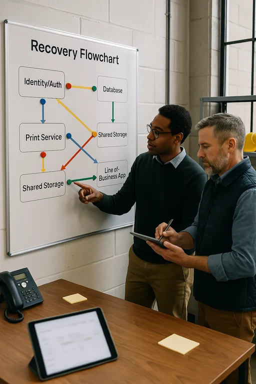IT consultant and warehouse manager discussing a laminated recovery flowchart with colored magnets that map the sequence of systems to restore.
