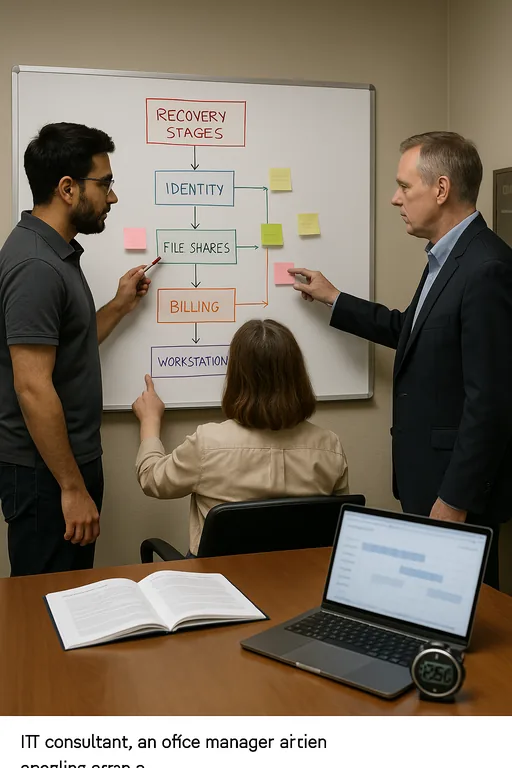 IT consultant and office staff mapping a recovery order on a whiteboard with sticky notes and a runbook on the table.