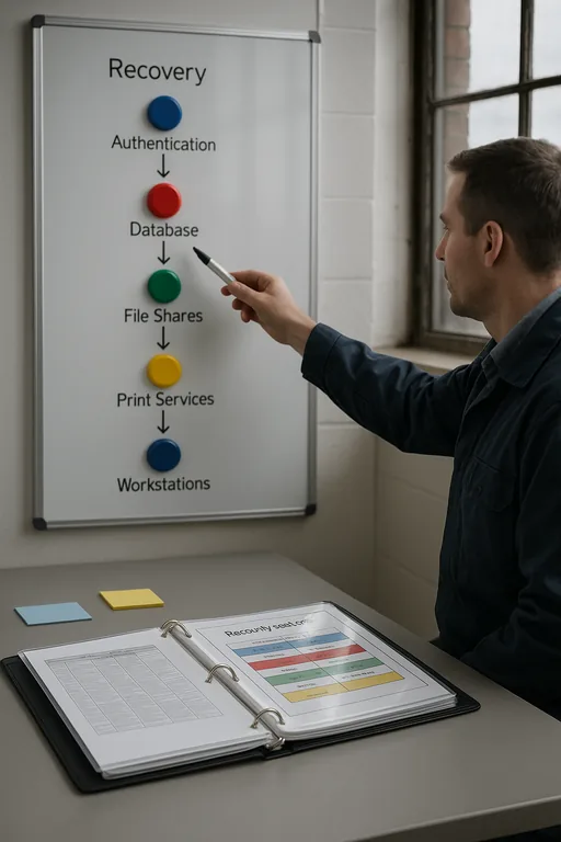 Technician pointing at a whiteboard flowchart and an open runbook showing a prioritized recovery sequence for systems and services.