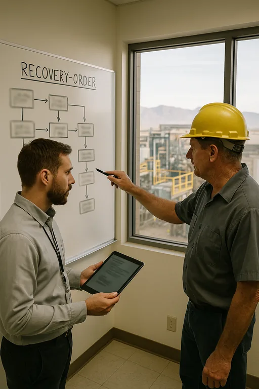 IT technician and production supervisor reviewing a recovery-order workflow on a whiteboard during a resilience test planning session.