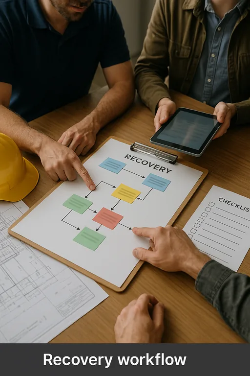 Team members review a printed recovery runbook with sticky tabs and a checklist while planning the recovery order for project and accounting systems.