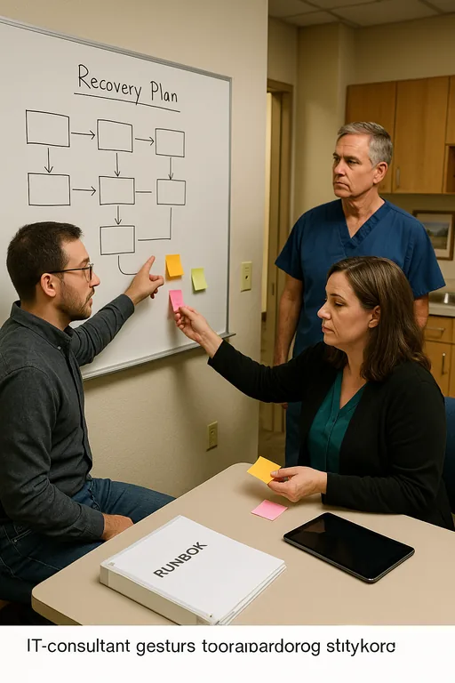 An IT consultant and office manager mapping the recovery order on a whiteboard with sticky notes and a runbook on the table.