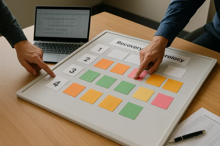 Recovery priority map on a whiteboard and table with sticky notes and technicians pointing, showing sequencing and dependencies.