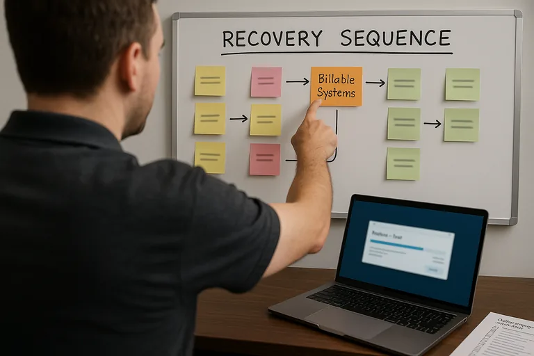 IT engineer pointing to a whiteboard recovery-priority workflow with sticky notes while a laptop displays a blurred restore-test progress window.