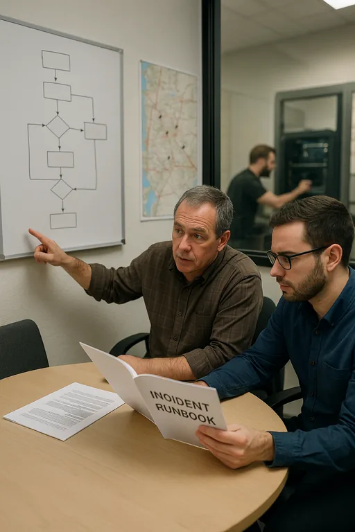 Operations manager and IT consultant review a printed runbook and a non-legible whiteboard flowchart while a technician performs a restore in an adjacent server area.