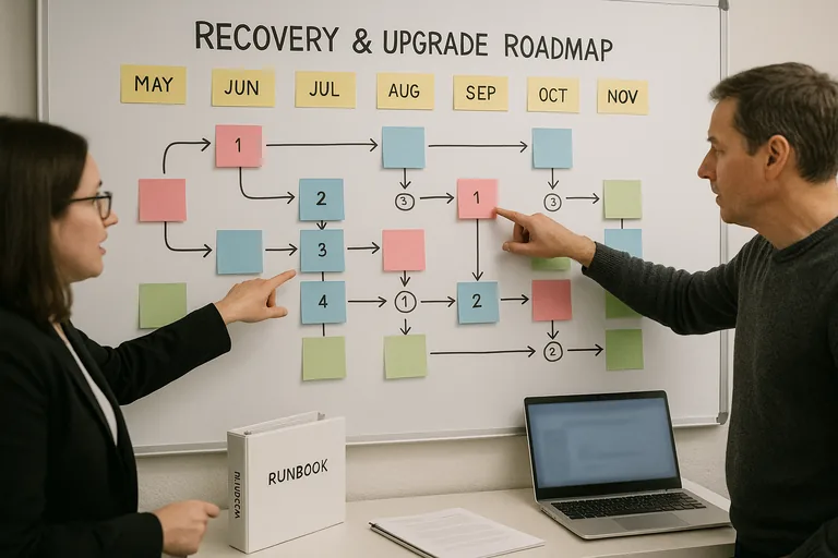 A recovery and upgrade roadmap on a board with color-coded cards and timeline sticky notes, team members pointing at dependencies.
