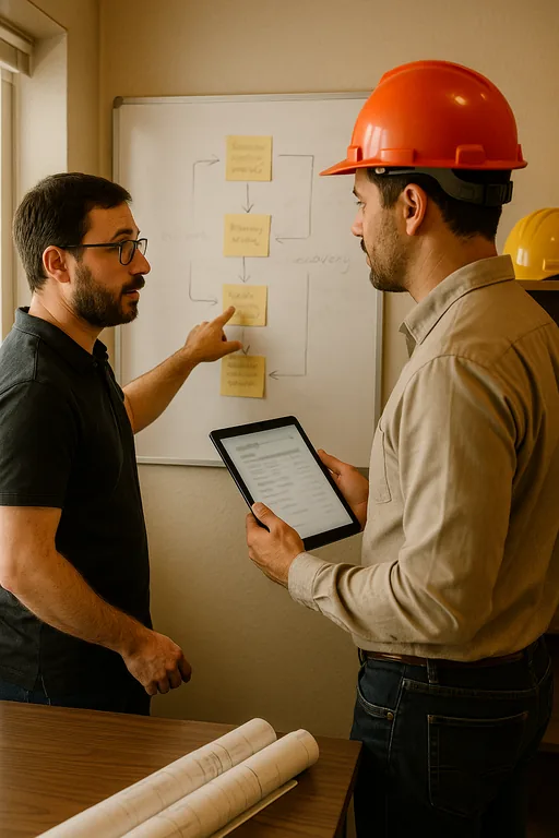 IT consultant and project manager review a blurred recovery workflow on a whiteboard in a construction firm's office.