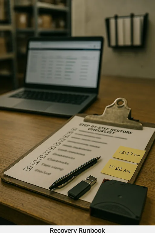 Close-up of a recovery checklist on a clipboard with handwritten checkmarks, a USB drive and blurred laptop backup output on a warehouse desk.