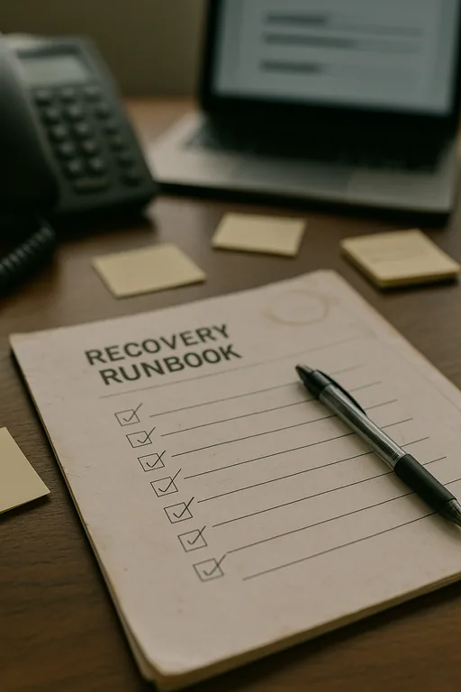 Close-up of an annotated recovery runbook and checklist with sticky notes and a pen on a financial office desk.