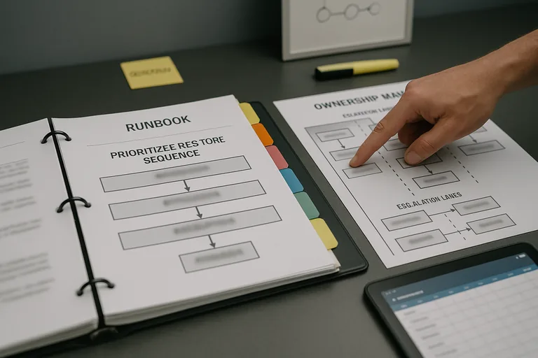 Open runbook binder and ownership map with a hand pointing to a prioritized restore sequence, illustrating escalation and responsibility.
