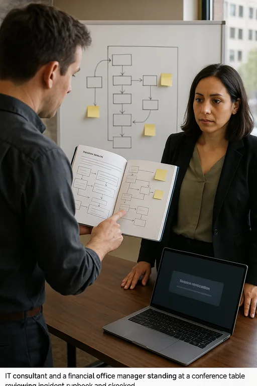 IT consultant and office manager reviewing a printed runbook and a sketched recovery flow on a whiteboard to follow remediation steps.