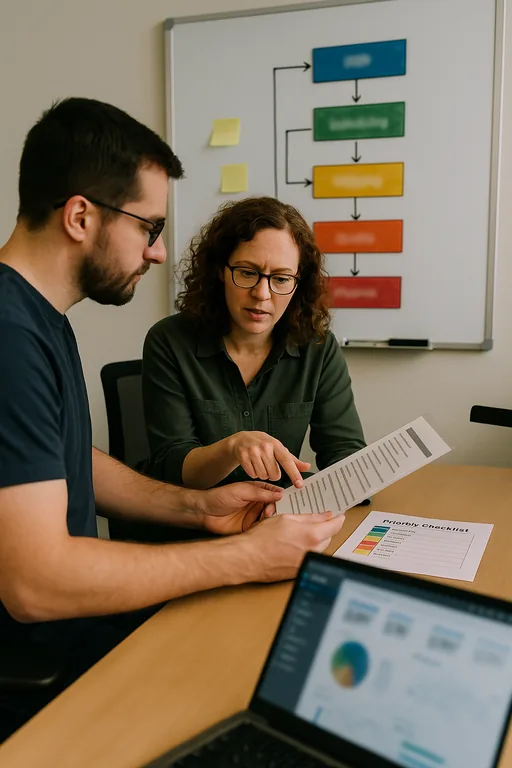 Two staff consult a laminated recovery runbook and a whiteboard with a flow of priority tabs in a plant IT office, with labels intentionally blurred.