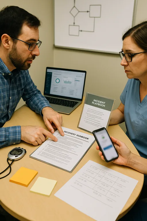 IT consultant and office manager reviewing a printed runbook and MFA setup during a recovery planning session in a clinic meeting room.
