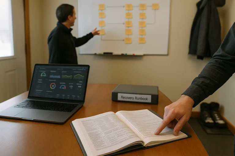 Technician and colleague reviewing a printed recovery runbook and a blurred whiteboard recovery sequence with sticky notes in a small office.