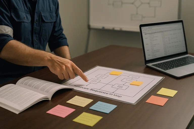 Technician pointing at a printed recovery runbook and sequence map during a planning session, with sticky-note markers and a blurred laptop schedule.