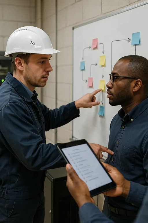 Technician and operations manager pointing at a whiteboard runbook with a recovery workflow while reviewing a tablet in a plant office.