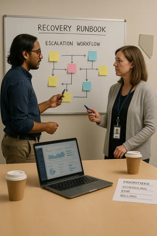 IT consultant and practice manager mapping a recovery runbook and escalation workflow on a whiteboard during a clinic access-review meeting.