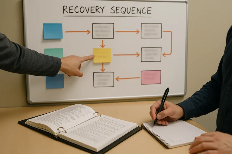 Technician pointing at a whiteboard recovery sequence with sticky notes and an open runbook binder on the table.