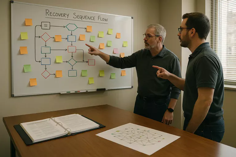Recovery runbook and annotated workflow on a table with sticky notes and a blurred asset-owner matrix during a tabletop exercise.