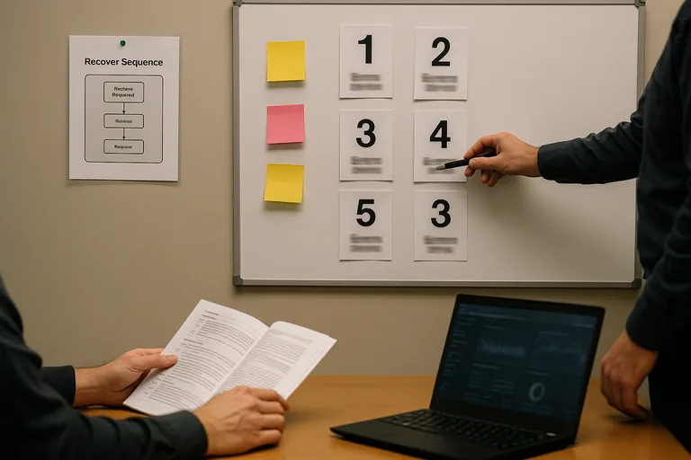 Team member pointing at a recovery sequence on a whiteboard with numbered sticky notes and a printed runbook on the table, illustrating restore order planning.