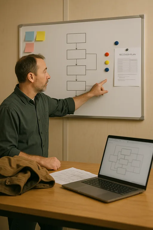 IT consultant pointing at a whiteboard runbook that shows the non-readable recovery sequence, with site plans and a laptop on the table.