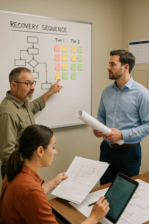 Team at a whiteboard mapping a recovery sequence with sticky-note priority columns and a consultant pointing during a restore planning session.