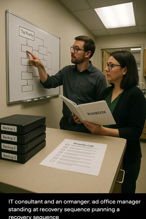IT consultant and office manager reviewing a blurred recovery sequence on a whiteboard while holding a runbook binder and backup media.