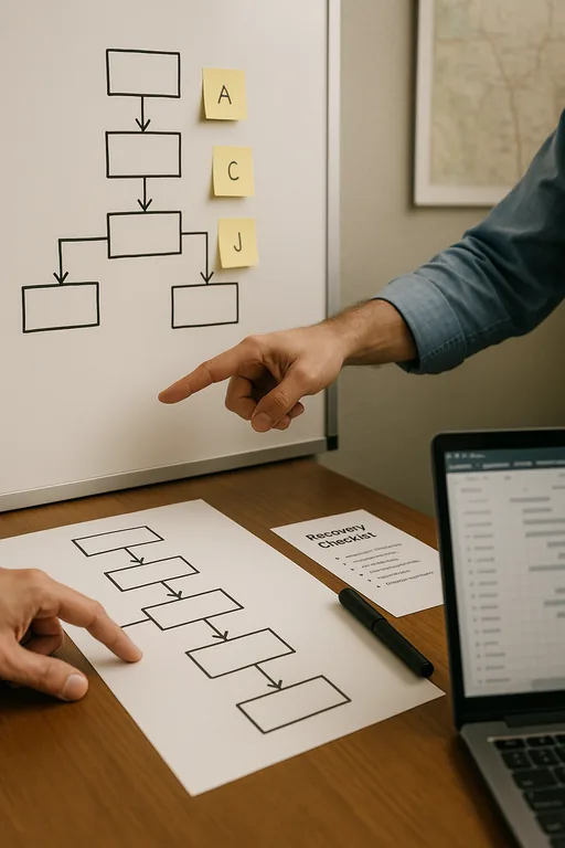 Hands pointing at a whiteboard and printed flowchart during a restore sequencing exercise with sticky-note task owners and a checklist on the table.