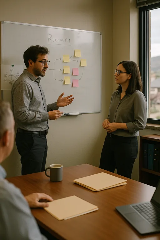 IT consultant and office admin mapping recovery order and dependencies on a whiteboard during a planning session.
