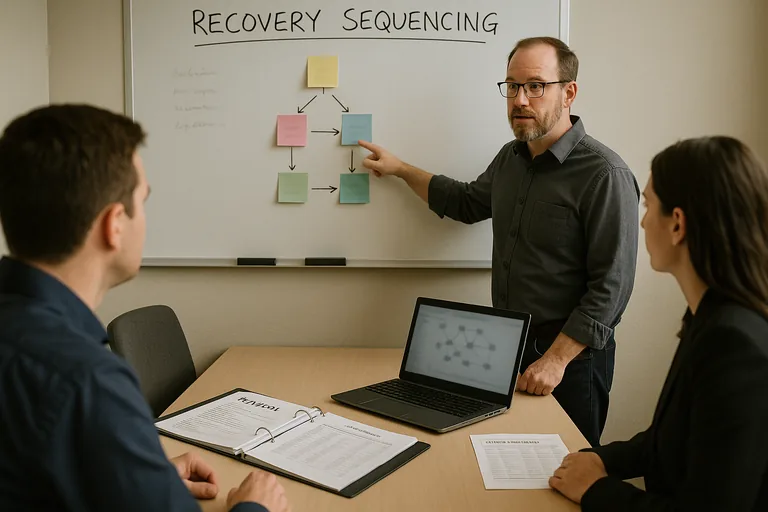 IT manager pointing at a whiteboard with a recovery-sequencing diagram while runbooks and an asset inventory sit on the table.