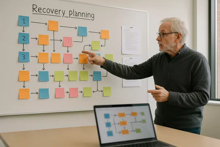 Whiteboard with a recovery sequence diagram using sticky notes and arrows while an engineer points during a planning session.