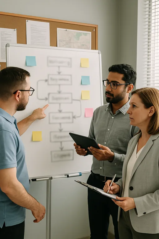 Small team reviewing a blurred recovery sequence diagram on a whiteboard with sticky notes and runbooks in a clinic office.