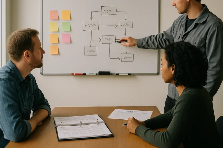 Two IT staff reviewing a recovery sequence flowchart on a whiteboard with runbooks and change logs on the table.