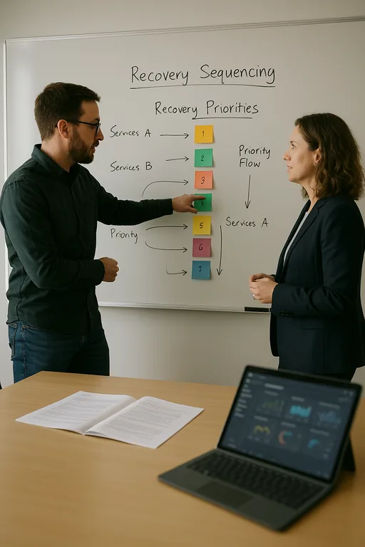 IT consultant and law firm manager mapping recovery priorities on a whiteboard with sticky notes and printed runbooks on the table.