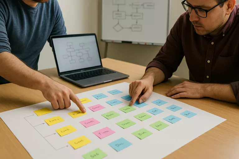 IT staff arranging color-coded sticky notes on a recovery sequencing diagram during a runbook planning session.