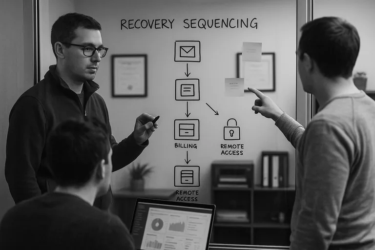 A technician mapping system dependencies and recovery sequencing on a glass partition while colleagues review the plan.