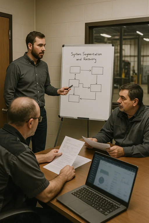 IT consultant leading a recovery and segmentation workflow review with plant managers, a whiteboard diagram and printed incident logs on the table.