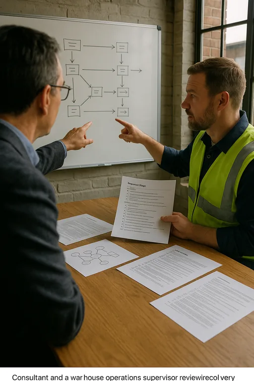 Consultant and supervisor reviewing runbooks and a whiteboard with non-legible diagrams, working through recovery steps.