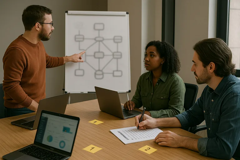 IT team reviewing a recovery sequence on a whiteboard and ticking steps on a printed runbook during a restore planning session.