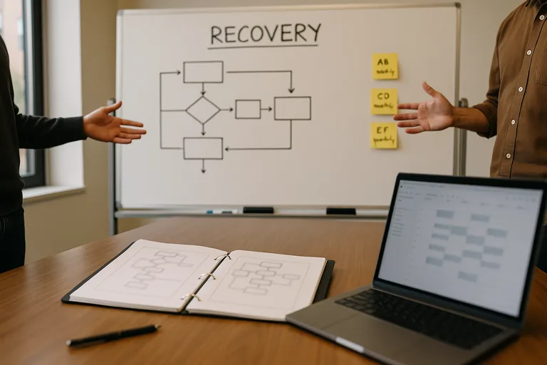 Whiteboard recovery workflow and an open runbook binder with sticky notes showing owners and review cadence during a planning session.