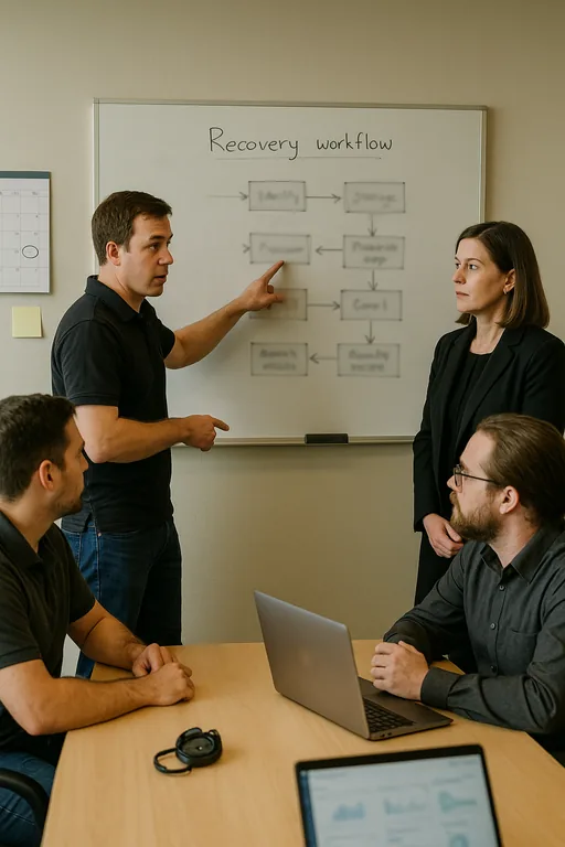 Team mapping a staged recovery workflow on a whiteboard in a law firm conference room, with test artifacts on the table.