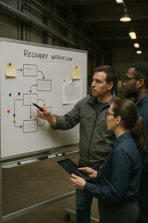 IT and operations staff standing around a whiteboard with a hand-drawn recovery workflow and runbook notes during an incident planning session.