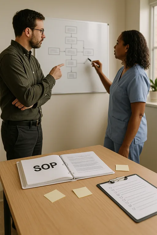IT consultant and office manager mapping a recovery workflow on a whiteboard with a runbook and SOP binder on the table.