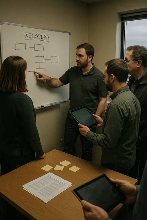 IT staff and office employees reviewing a whiteboard recovery workflow and runbook during incident planning.