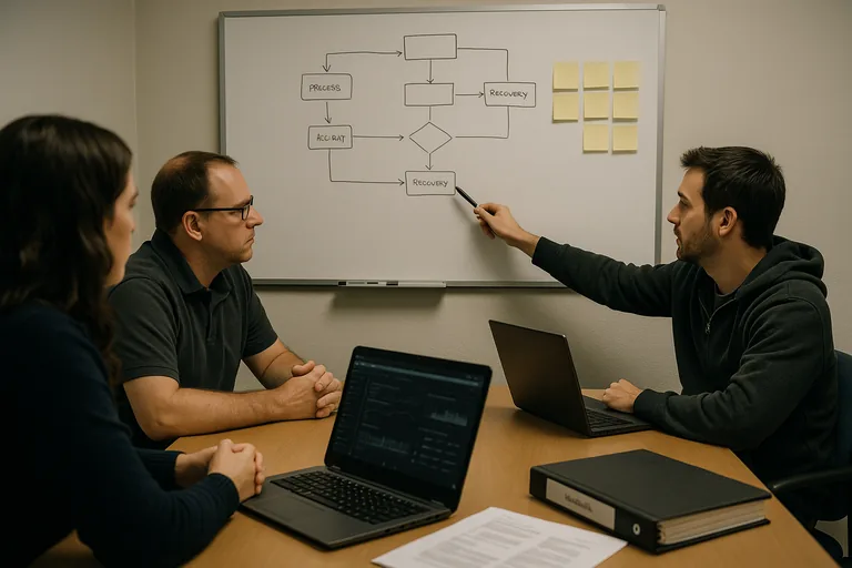 Small team examining a whiteboard with a recovery workflow and sticky notes while referencing runbooks and a blurred dashboard on a laptop.