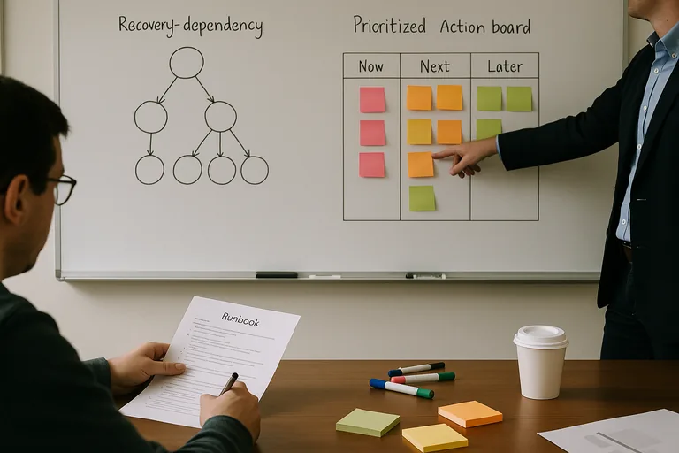Whiteboard recovery dependency diagram and prioritized action board with sticky notes during a readiness workshop.